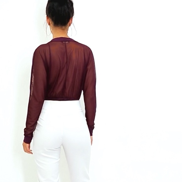 PrettyLittleThing Wine Mesh Plunge Thong Bodysuit - Picture 5 of 10